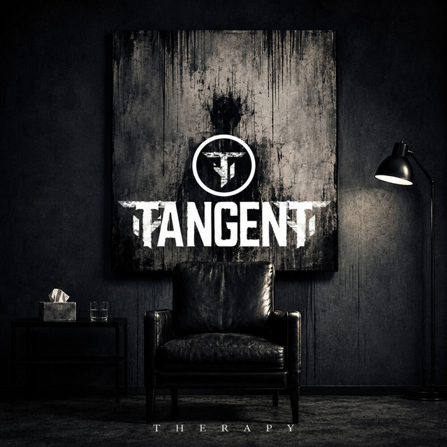 Skeletons cover: a leather chair in a dark room under a large TangenT canvas